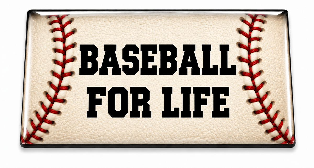 Baseball for Life domed insert with cream baseball texture and red stitching