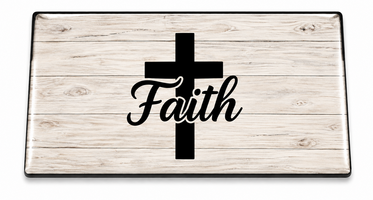 Faith & Cross Domed Insert with black artwork on pale wood and a clear domed finish