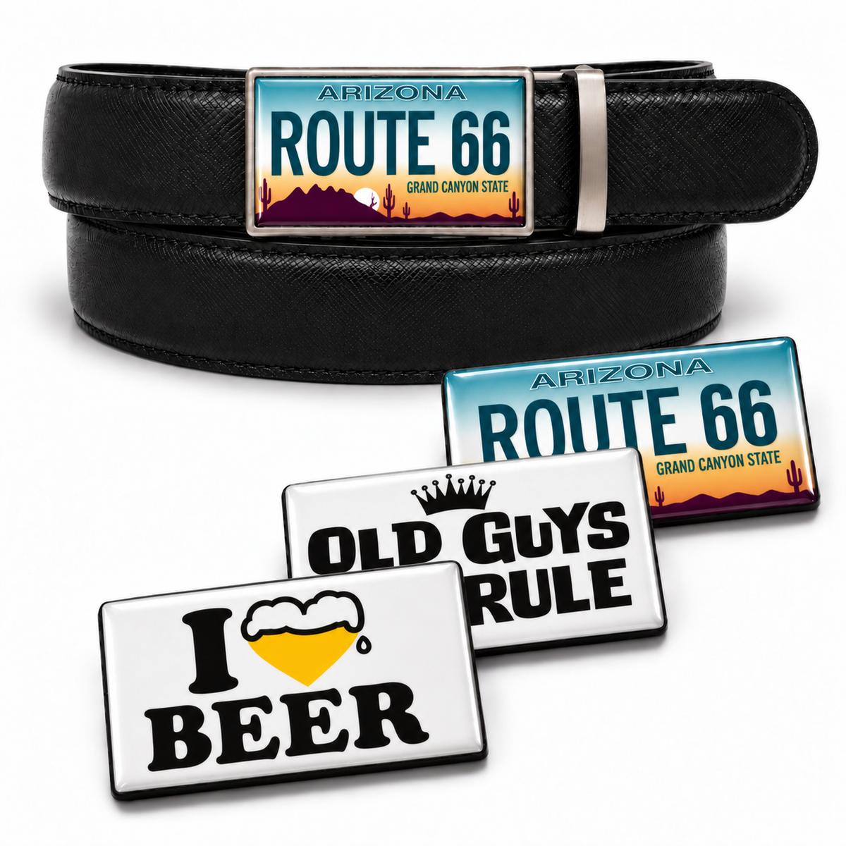 Black crisscross belt with Route 66 buckle insert and Route 66, Old Guys Rule, and I Love Beer inserts