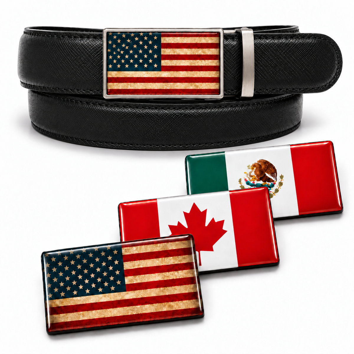 Black crisscross 1Buckle belt with domed American flag and American, Canadian, and Mexican flag inserts