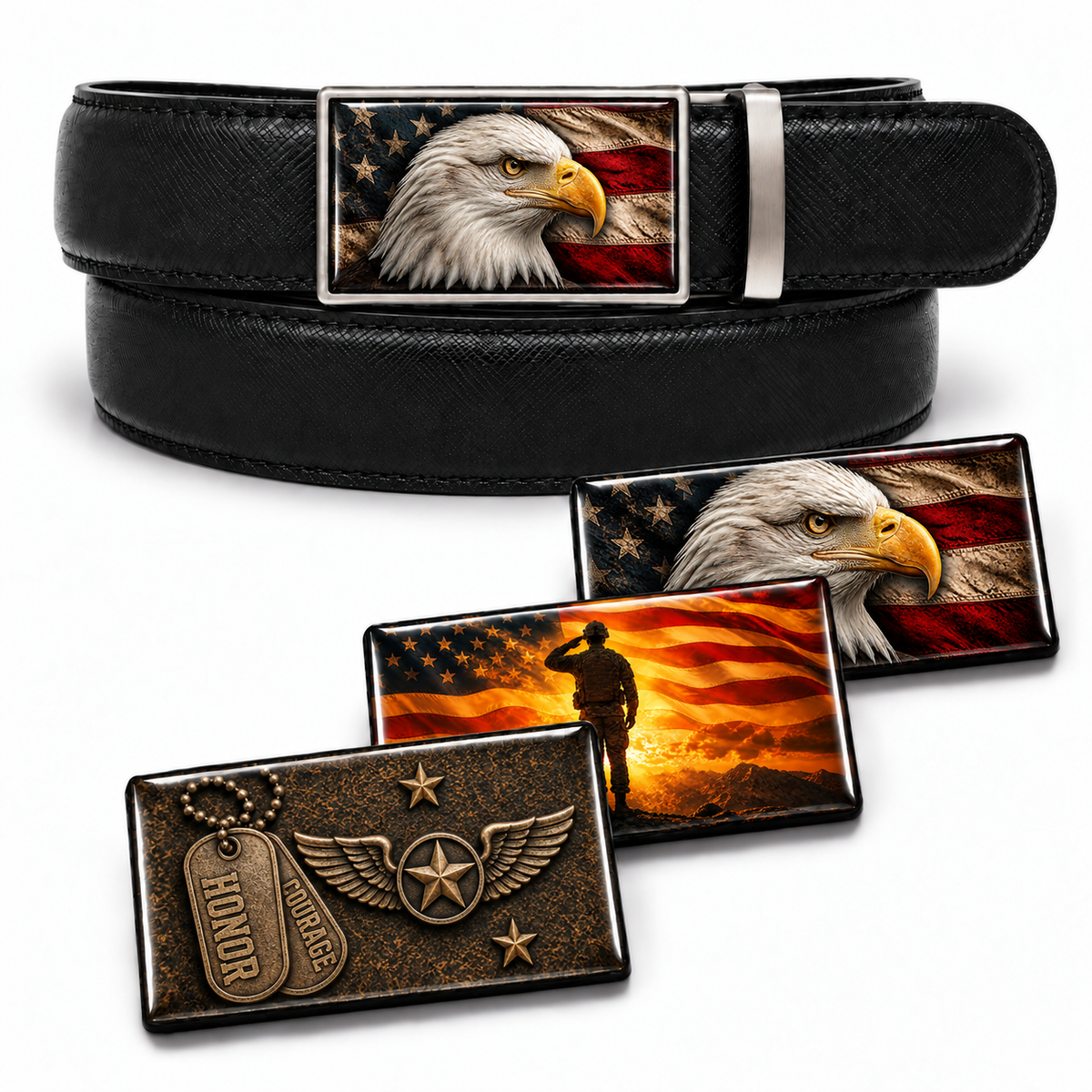 Black crisscross belt with eagle buckle insert and domed Honor and Courage, saluting soldier, and eagle inserts