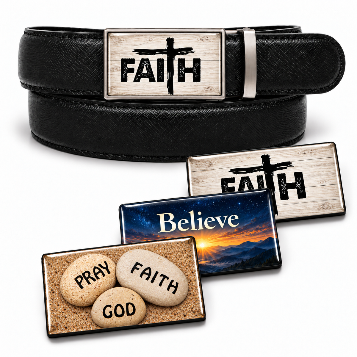 Black crisscross belt with Faith cross buckle insert and Pray Faith God, Believe, and Faith domed inserts