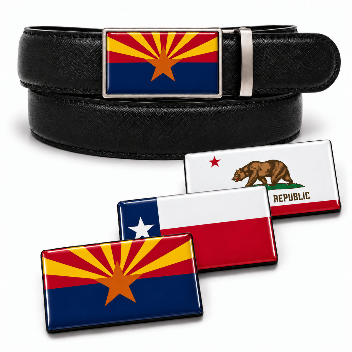 Black crisscross belt with Arizona flag buckle insert and Arizona, Texas, and California state inserts