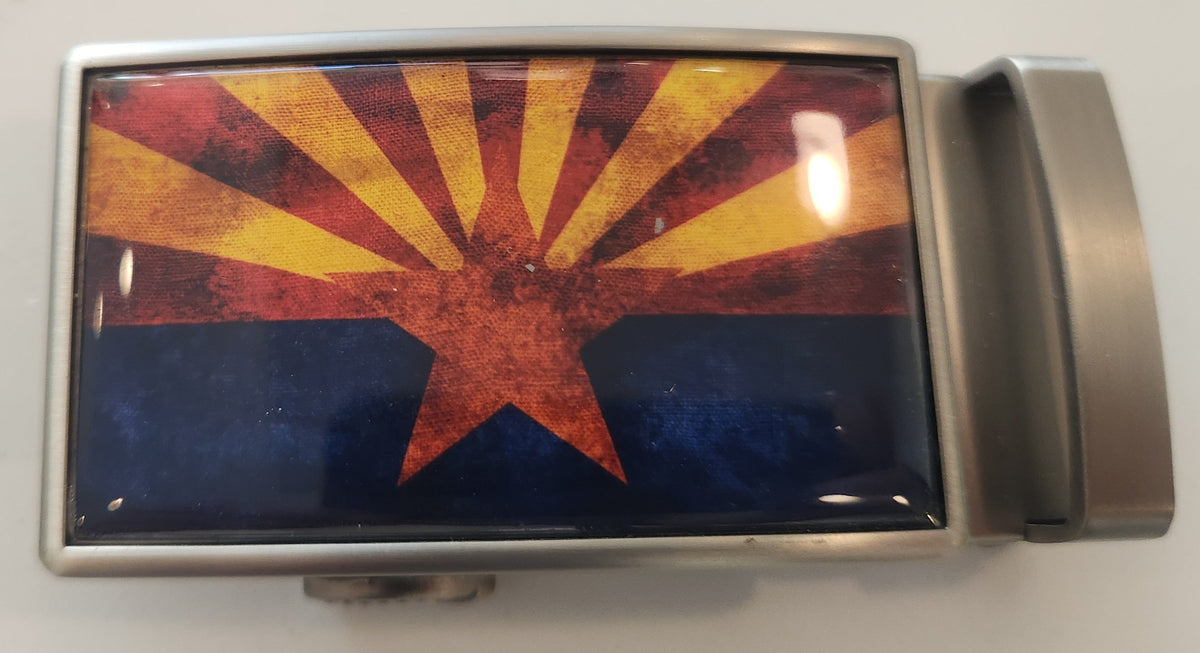 Finished custom buckle with an Arizona image