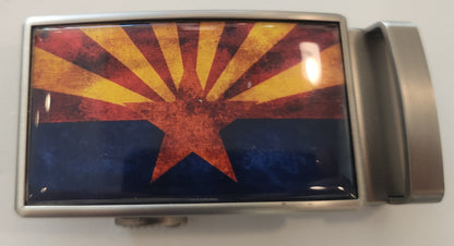 Finished custom buckle with an Arizona image