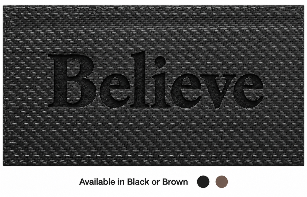 Believe laser-engraved leather insert in black carbon fiber look. Available in Black or Brown.