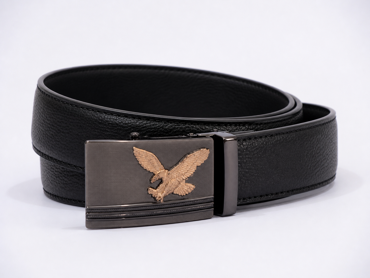 Eagle traditional ratchet buckle attached to a Classic black belt