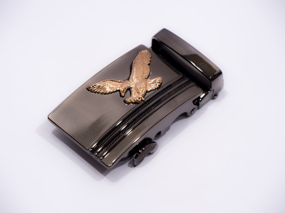 Gunmetal traditional ratchet buckle with a raised gold eagle emblem