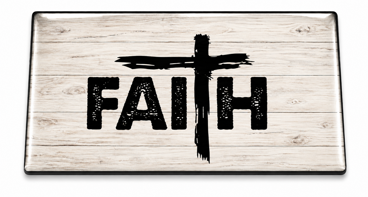 Bold Faith Cross Domed Insert with black artwork on pale wood and a clear domed finish