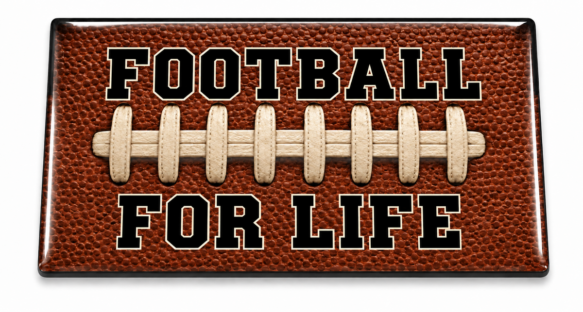 Football for Life domed insert with brown football texture and cream laces