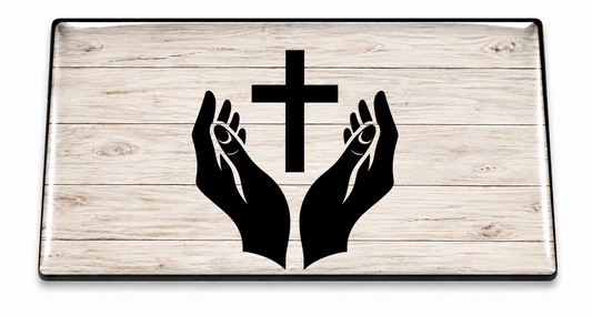 Hands of Faith Domed Insert with black artwork on pale wood and a clear domed finish
