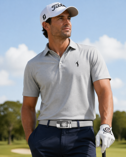 Golfer wearing the 1Buckle magnetic golf ball marker ratchet buckle