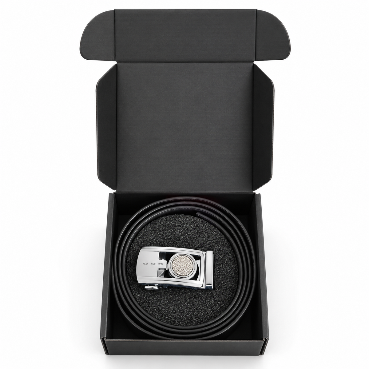 1Buckle magnetic golf ball marker buckle and ratchet belt presented in an open gift box