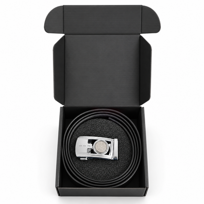 1Buckle magnetic golf ball marker buckle and ratchet belt presented in an open gift box