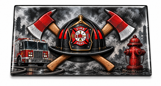 Firefighter domed insert with Fire Dept. emblem on the center helmet, crossed axes, fire engine and hydrant