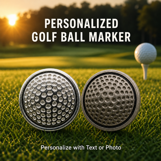 Personalized golf ball markers in Silver and Pewter on a golf course; personalize with text or photo