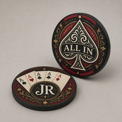 Personalized two-sided coin shown with custom poker artwork on both sides