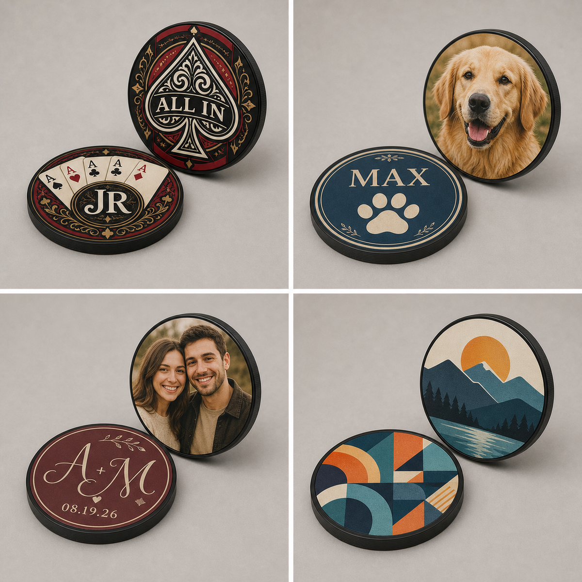 Examples of personalized two-sided coins for poker, pets, gifts, logos, and artwork