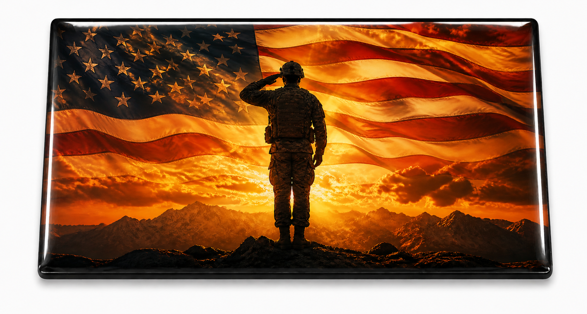Saluting soldier at sunset with American flag domed belt insert