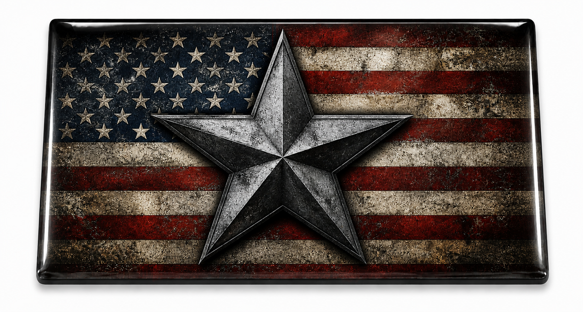Weathered American flag with steel star domed belt insert
